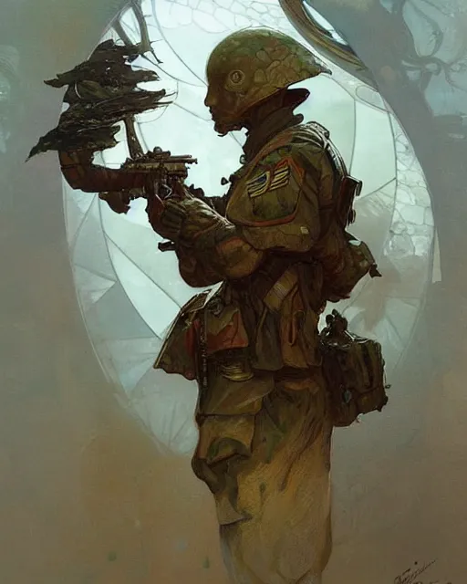 Image similar to portrait of a mushroom!!!!!!!!!!! ( ( ( ( humanoid ) ) ) ) wearing a formal military outfit, science fantasy painting, elegant intricate digital painting artstation, greg rutkowski and alphonse mucha, detailed