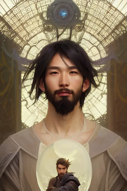 Prompt: portrait of a man with modern hairs, soft smile, final fantasy, league of legends champion, strong iridescent light, by chengwei pan and sakimichan and greg rutkowski and alphonse mucha, gradient white to gold, in front of a magical building background, highly detailed portrait, digital painting, smooth, focus illustration