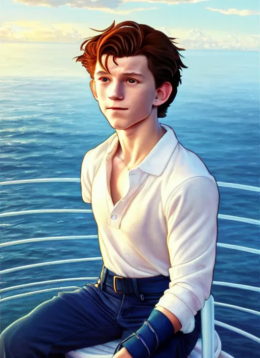 Image similar to cute tom holland wearing white sailor outfit on a steam boat, natural lighting, path traced, highly detailed, high quality, digital painting, by don bluth and ross tran and studio ghibli and alphonse mucha, artgerm