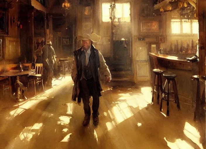 Image similar to oil watercolor painting of young rugged man in western bar, shaven stubble, short hair, mysterious light, art by anders zorn, wonderful masterpiece by greg rutkowski, beautiful cinematic light, american romanticism by greg manchess, creation by tyler edlin