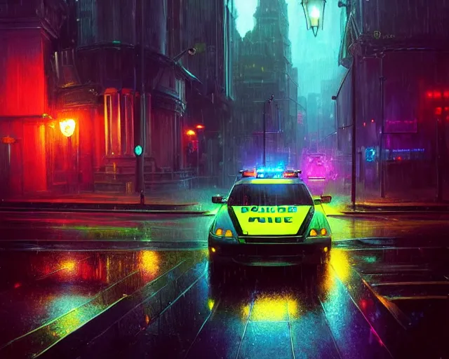 Image similar to police chase, night life, neon glow, heavy rain, deep focus, d & d, fantasy, intricate, elegant, highly detailed, digital painting, artstation, concept art, matte, sharp focus, illustration, hearthstone, art by artgerm and greg rutkowski and alphonse mucha