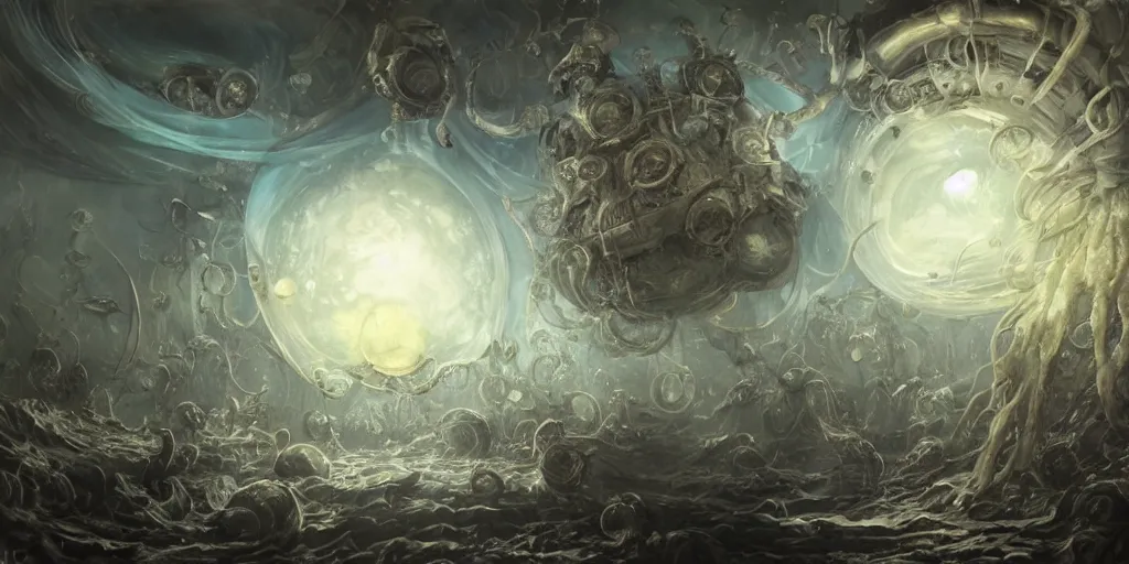 Image similar to concept art of giant translucent glowing jellyfishes, renaissance, divers helmet, lots of teeth, melting horror, round moon, rich clouds, fighting the horrors of the unknown, mirrors, very detailed, volumetric light, mist, grim, fine art, decaying, textured oil over canvas, epic fantasy art, very colorful, ornate, anato finnstark