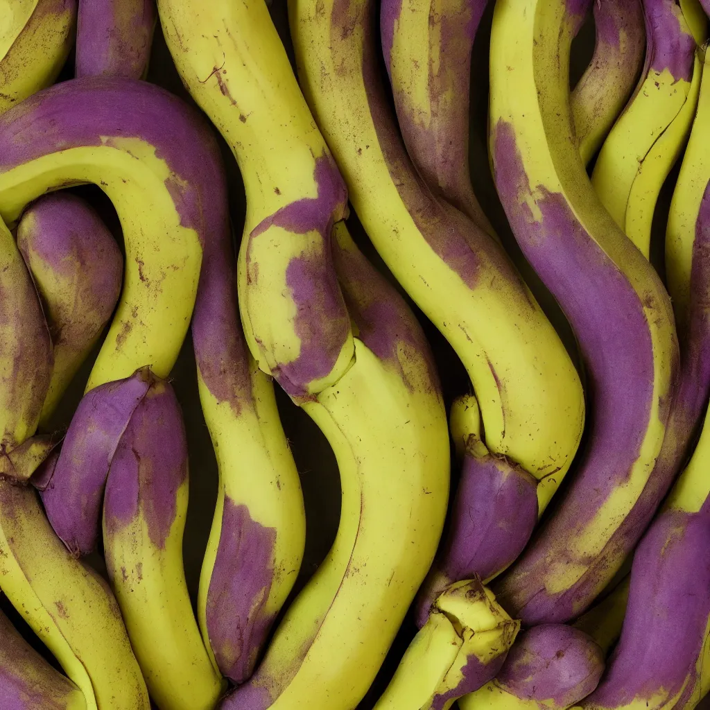 Image similar to very ripe patchwork bananas placed like a complex fractal, cracked, vegetable foliage, art nouveau fractal with petal shape, and stems, mesh roots. closeup, hyper real, food photography, high quality