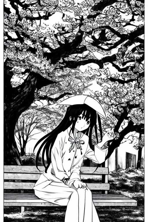 Image similar to black and white manga page, highly detailed pen, sharp high quality anime, shoujo romance, girl with long dark hair in sailor uniform, sitting on bench, cherry blossom tree in background with petals floating, drawn by Atsushi Ohkubo