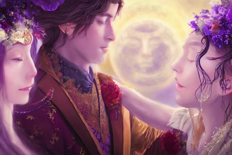 Image similar to a dreamlike cinematic portrait of wedding photograph close up moment of a divine a russia sun god and moon goddess lovers magician at a wedding banquet. portraiture. digital painting. artstation. concept art. fantasy wedding photo. digital painting, 8 k realistic, hyper detailed, violet evergarden art masterpiece by art by krenz cushart