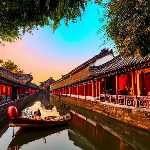 Prompt: peaceful ancient water town in the south of china, zhouzhuang ancient town, sunset glow, movie style