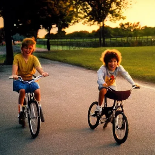 Prompt: kids riding their bikes in the 1 9 8 0 s, long shot, sunset at the golden hour, photoreal, vintage