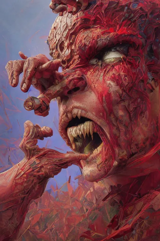 Prompt: Spirit of rage, face distorted by anger, red, disco elysium, highly detailed, digital painting, artstation, concept art, smooth, sharp focus, illustration, art by artgerm and greg rutkowski and alphonse mucha and Wayne Barlowe and Zdislav Beksinski and Francis Bacon