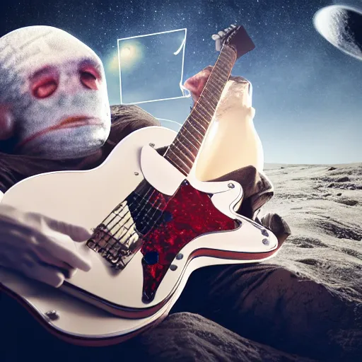 Image similar to photo of a detailed, realistic, regular sized, sitting idle fender electric guitar. a sitting idle beer can. an astronaut sitting down on the moon surface. detailed photo. realistic photo. cinematic. cinematic shot