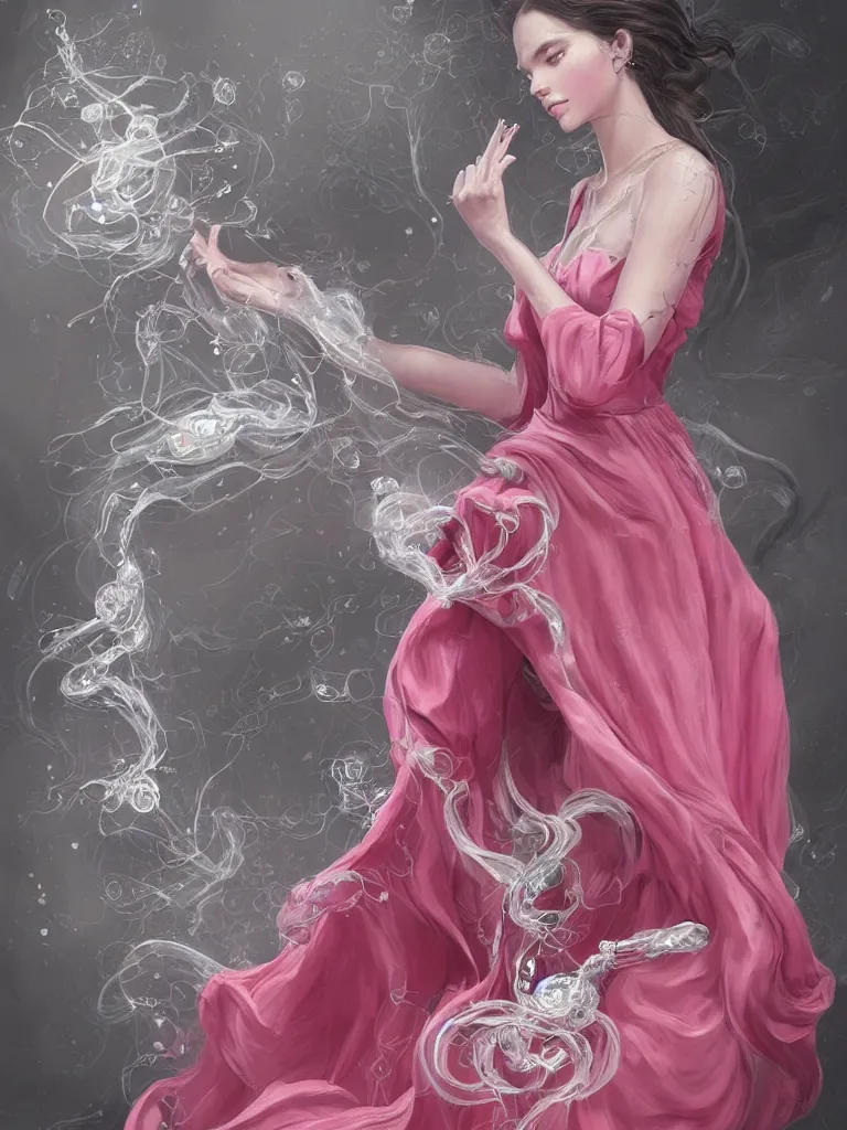 Prompt: a beautiful years old chatain hair woman in a pink - red long dress with silver rings and pink nails \ she makes levitate precious transparent bottle filled with ivory white liquid and a black sticker on it. fantasy, intricate, elegant, highly detailed, digital painting, artstation, concept art, matte, illustration, artgerm and roberto ferri