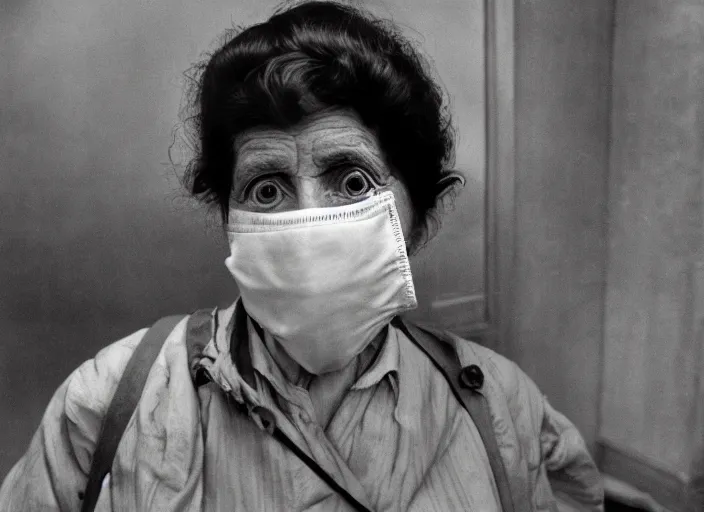 Prompt: cinematic mid shot of a high detail, vivian dorothy maier, with surgical mask. where's wally, line drawing by van gogh, and mother theresa