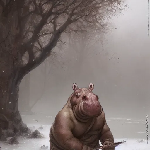 Image similar to anthropomorphic hippopotamus humanoid monk by greg rutkowski, water temple, winter, fantasy