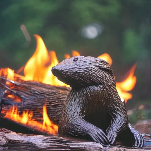 Image similar to beaver being roasted over a fire, photograph