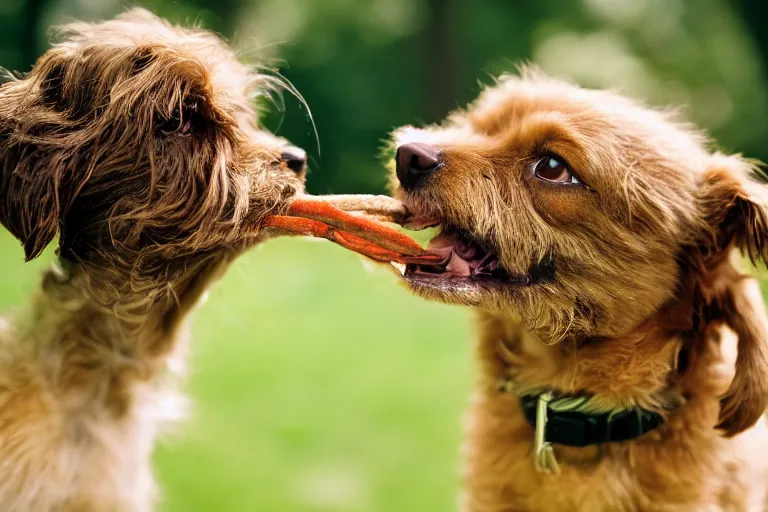 Image similar to closeup potrait of a small brown dog licking its nose in central park, natural light, sharp, detailed face, magazine, press, photo, Steve McCurry, David Lazar, Canon, Nikon, focus