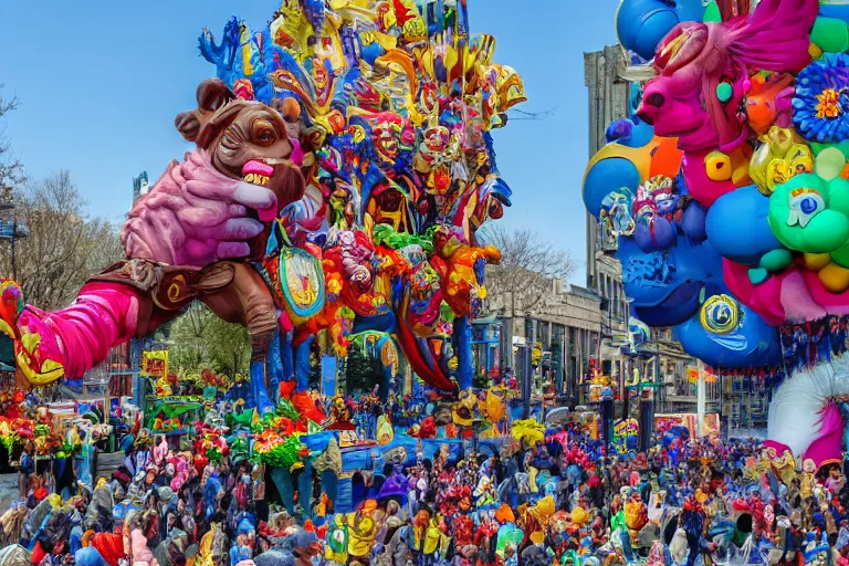 Prompt: photo of giant elaborate parade float designed by geoff darrow!!!! and ( ( ( ( ( ( lisa frank ) ) ) ) ) ), in the macys parade, detailed 4 k photo