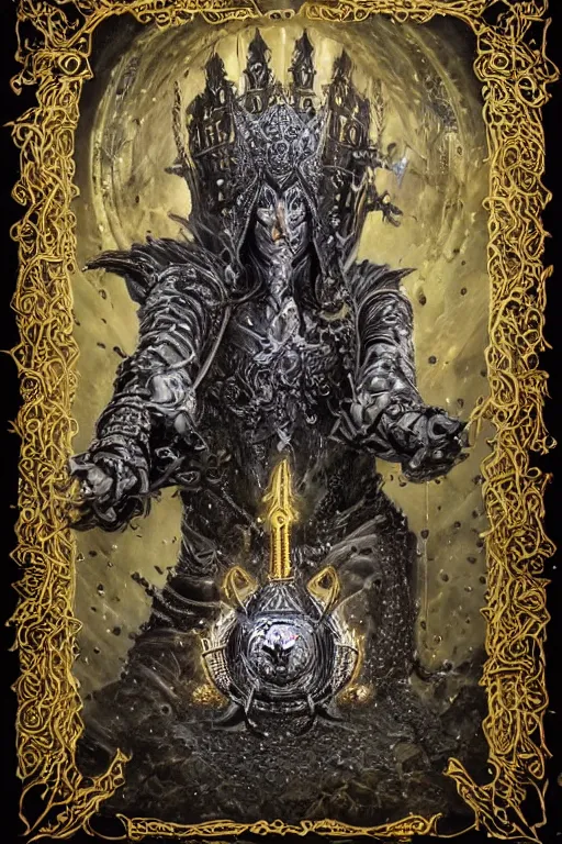 Prompt: portrait of Morgoth Bauglir with three shining Silmarils in his iron crown, holding his ornate warhammer Grond shaped like a wolf head, in style of Doom, in style of Midjourney, insanely detailed and intricate, golden ratio, elegant, ornate, unfathomable horror, elite, ominous, haunting, matte painting, cinematic, cgsociety, James jean, Noah Bradley, Darius Zawadzki, vivid and vibrant