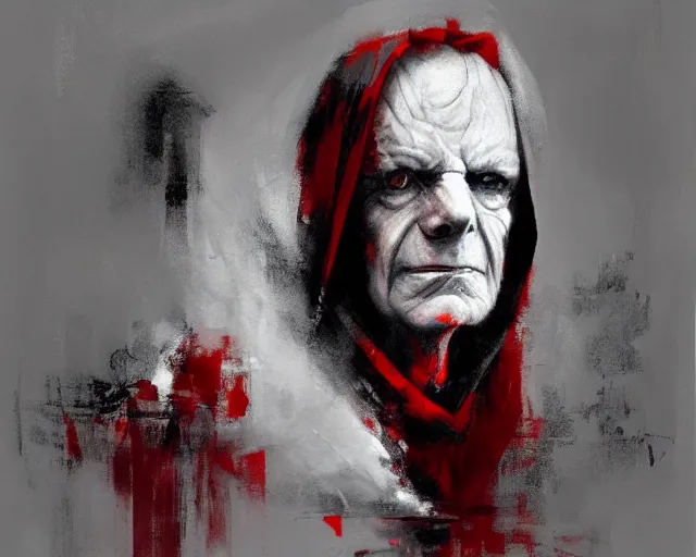 Image similar to portrait of emperor palpatine sidious ian mcdiarmid with a big hood in shades of grey but with red by jeremy mann