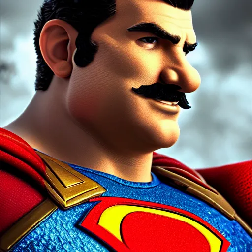 Prompt: portrait of super mario as superman in gears of war, splash art, movie still, detailed face, photorealistic facial features, cinematic lighting, dramatic, octane render, long lens, shallow depth of field, bokeh, anamorphic lens flare, 8 k, hyper detailed, 3 5 mm film grain