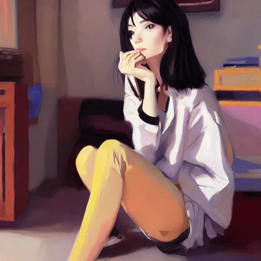 Prompt: A ultradetailed beautiful panting of a stylish girl sitting on the floor of a messy apartment, she is wearing an oversized jacket, Oil painting, by Ilya Kuvshinov, Greg Rutkowski and Makoto Shinkai