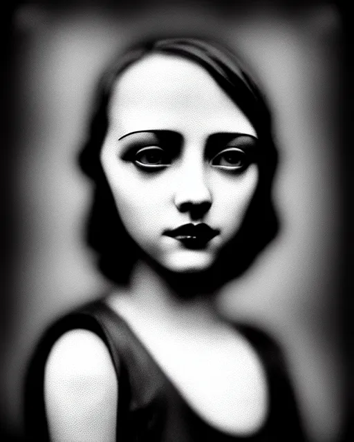 Image similar to tintype black and white dreamy young beautiful female artificial intelligence, metropolis, cinematic, rim light, bokeh, photo - realistic, elegant, high detail, 8 k, masterpiece, photo taken in 1 9 3 0