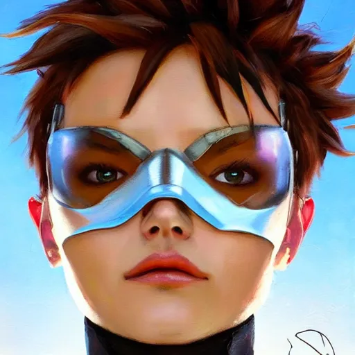 Image similar to oil painting of tracer overwatch in a field wearing spiked collar around neck, in style of greg rutkowski, expressive face, wearing choker, steel collar, steel choker, wearing collar on neck, detailed face, detailed eyes, full body, feminine face, tracer overwatch,