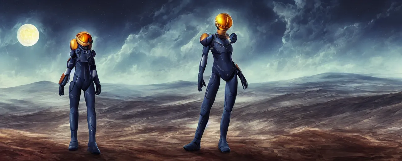 Image similar to Samus in the varia suit standing in the middle of a desolate planet, full body shot, wearing her helmet, looking into the horizon, the planet is full of otherworldly natural structures, a moon floats above the horizon, artstation, digital 2d drawing, high detail