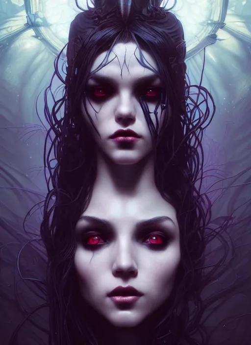 Image similar to perfect vampire girl portrait, intricate artwork by josan gonzalez, artgerm, tom bagshaw, kilian eng, alphonse mucha, zdizslaw beksinski, very coherent artwork, psychedelic, syntwave, noir gothic cyberpunk, octane render, unreal engine, 8 k, high contrast