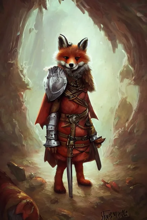 Image similar to cute little anthropomorphic foxy knight wearing a cape and a crown, tiny, small, miniature fox, baby animal, short, pale blue armor, cute and adorable, pretty, beautiful, DnD character art portrait, matte fantasy painting, DeviantArt Artstation, by Jason Felix by Steve Argyle by Tyler Jacobson by Peter Mohrbacher, cinematic lighting