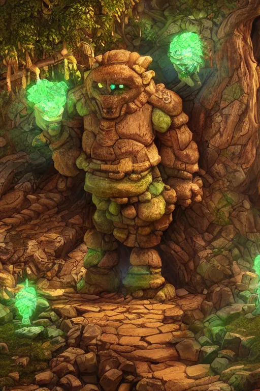 Image similar to zelda fantasy art giant golem troll wood rock greeble gemstone, global illumination ray tracing hdr fanart arstation by sung choi and eric pfeiffer and gabriel garza and casper konefal