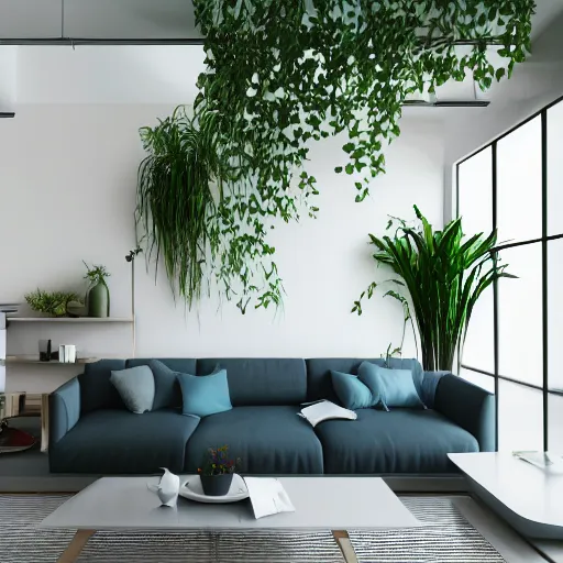 Image similar to a modern indoor room clean architecture a couch a couch table some plants daylight peaceful 8 k octane render