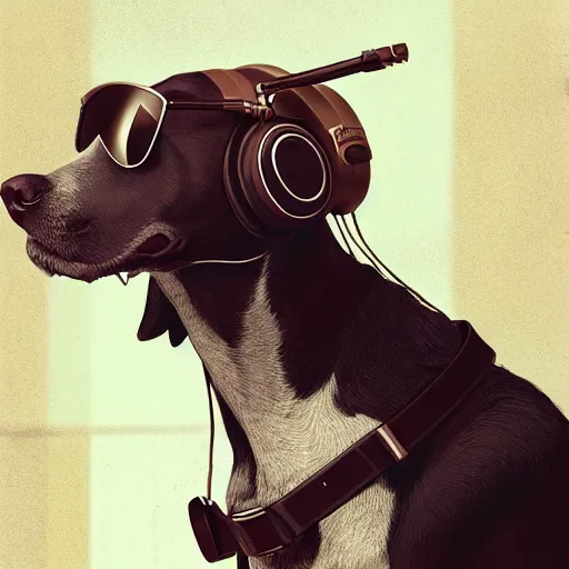 Prompt: a dog wearing aviator sunglasses and large headphones by greg rutkowski, digital art, ultra realistic, ultra detailed, photorealistic, 4k, character concept