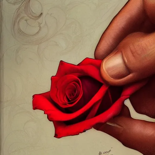 Prompt: a hand holding a red rose, intricate, highly detailed, digital painting, artstation, smooth, sharp focus, illustration, unreal engine 5, 8 k, art by artgerm and greg rutkowski and alphonse mucha, realistic, airbrush style