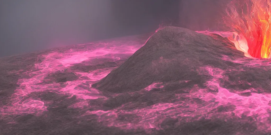 Image similar to pink lemonade flowing from the volcano, digital art, 4 k, highly detailed, soft lighting, dramatic perspective