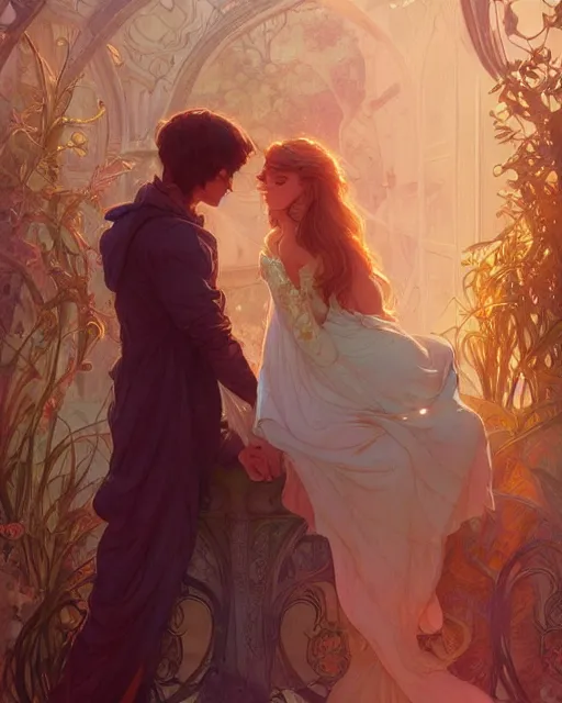 Image similar to secret romance, highly detailed,, gold filigree, romantic storybook fantasy, soft cinematic lighting, award, disney concept art watercolor illustration by mandy jurgens and alphonse mucha and alena aenami, pastel color palette, featured on artstation