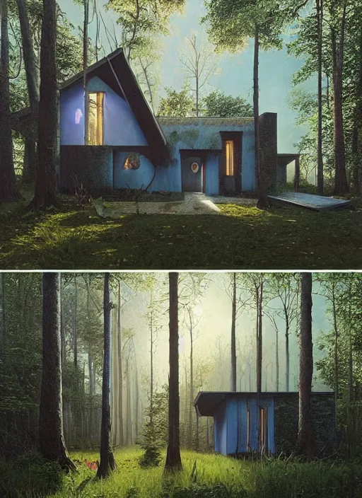 Image similar to hyper realistic witchy modern house with mood lighting and tech in the woods gorgeous lighting, sunbeams blue sky, highly detailed, lush forest foliage painting by zdzisław beksinski and norman rockwell and greg rutkowski weta studio, and lucasfilm