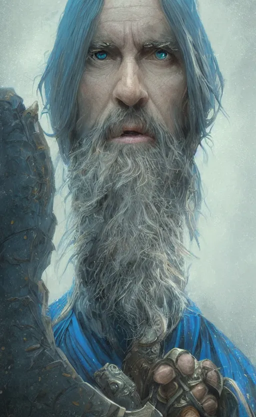 Image similar to portrait of a middle aged elf with a long beard, dressed in a blue cloak, brown grey hair, raised hand, clock iconography, detailed face, fantasy, highly detailed, cinematic lighting, digital art painting by greg rutkowski