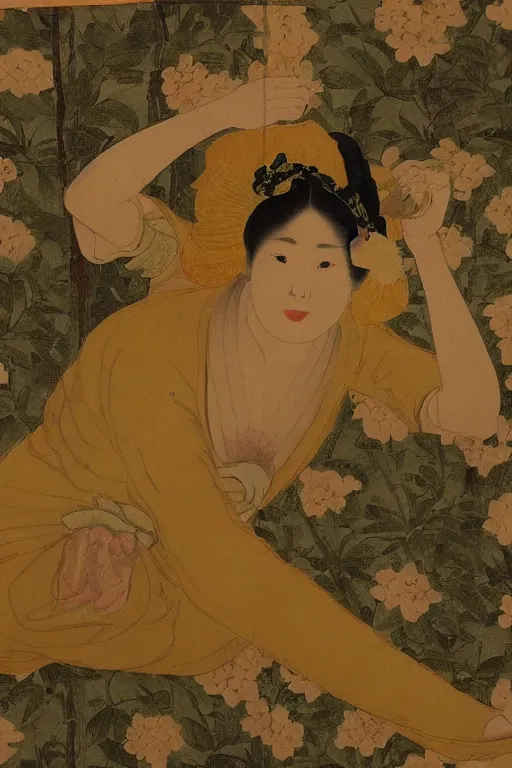 Image similar to an asian woman emerges from 1 9 th century yellow wallpaper decorated with sensual feminine faces by charles walter stetson