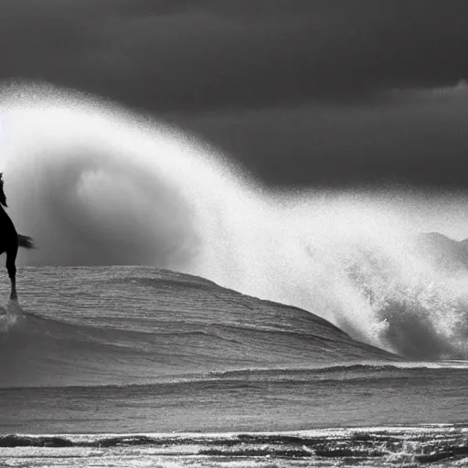 Image similar to Photograph of a horse running away from a giant wave of tsunami