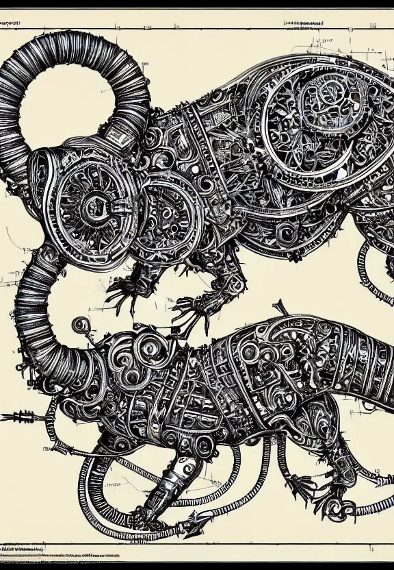 Image similar to schematic blueprint of highly detailed ornate filigreed convoluted ornamented elaborate cybernetic rat, art by da vinci