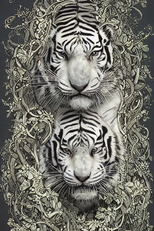 Image similar to ultra realistic full - body white tiger wrapped in vines and white flowers + black paper + elements + white + gold + cyan + baroque + rococo + ink, marc simonetti, paul pope, peter mohrbacher, detailed, intricate ink illustration