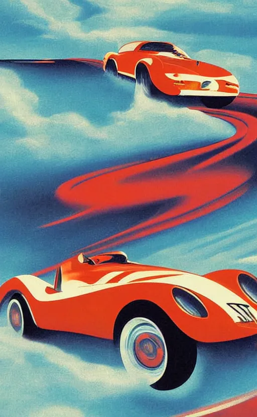 Prompt: retro - futurism, art - deco style sports car moving at hyper speed through the ice lake, poster, long - distance shot