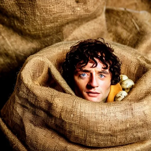 Prompt: frodo from lord of the rings in a burlap sack of potatoes, and the sack has many potatoes in it, photography, realistic, mid shot, in his hobbit home, cinematic lighting