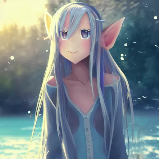 Prompt: a very beautiful anime elf girl, full body, long straight silver hair, happy, sky blue eyes, full round face, short smile, casual clothes, ice snowy lake setting, cinematic lightning, medium shot, mid-shot, highly detailed, trending on Artstation, Unreal Engine 4k, cinematic wallpaper by Stanley Artgerm Lau, WLOP, Rossdraws, James Jean, Andrei Riabovitchev, Marc Simonetti, and Sakimichan
