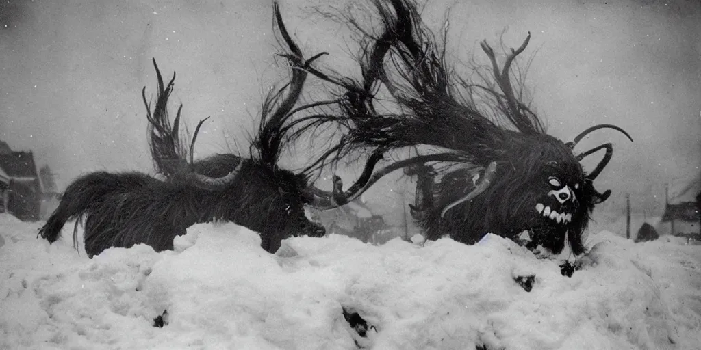 Prompt: 1 9 2 0 s photography of krampus hay monsters submerged in snow