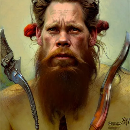 Prompt: highly detailed portrait of a poor smith in the form of a beautiful male dwarf with red beard. d & d. art by donato giancola, eugene delacroix, ruan jia, carl larsson, peter mohrbacher. trending on artstation, intricate details, energetic composition, concept art, illustration, global illuminaition, face of kevin bacon