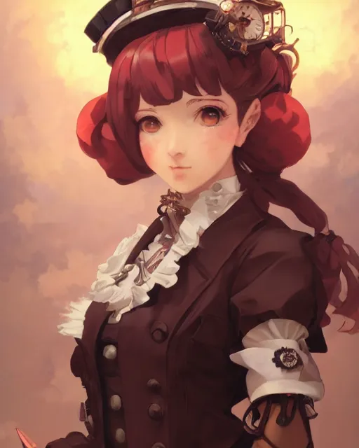 Image similar to a portrait of a steampunk maid, steampunk setting, vivid colors, soft lighting, atmospheric, cinematic, moody, in the style of Ilya Kuvshinov and Range Murata, Krenz Cushart, oil on canvas, 8K