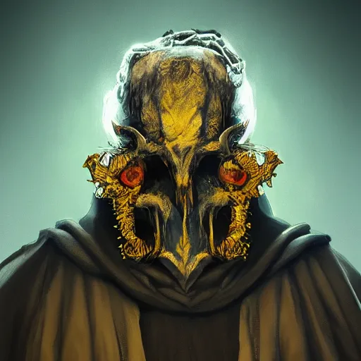 Image similar to portrait of the monster with the dear skull mask, wearing the robes, photography, highly detailed, crows eyes, gloom yellow-brown lights, 8k, artstation