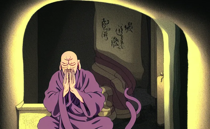 Prompt: a film still portrait of a mauve old monk meditating through a cubic snake hallway bubble, finely detailed features, closeup at the faces, chronenberg, perfect art, grimdark, trending on pixiv fanbox, painted by studio ghibli