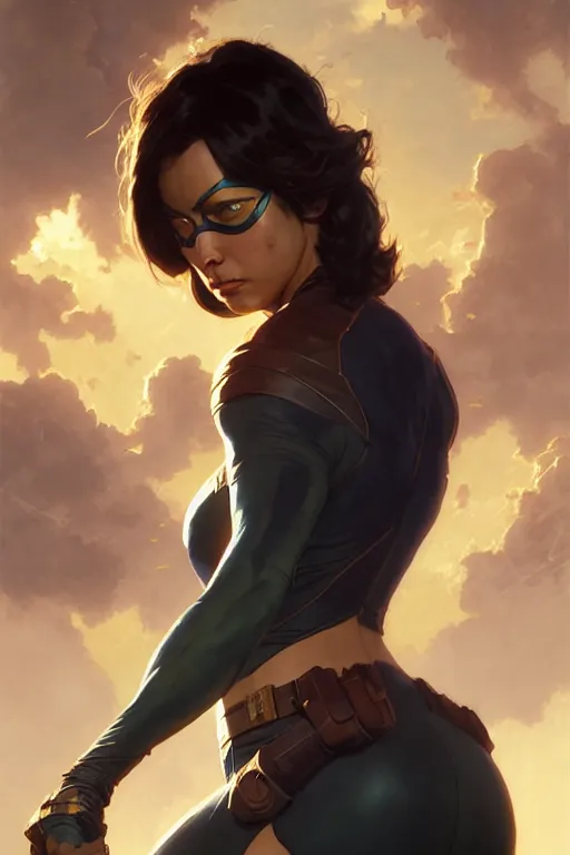 Image similar to aeon flux as ms marvel profile picture by Greg Rutkowski, matte painting, intricate, fantasy concept art, elegant, by Stanley Artgerm Lau, WLOP, golden ratio, thomas kindkade, alphonse mucha, loish, norman Rockwell,
