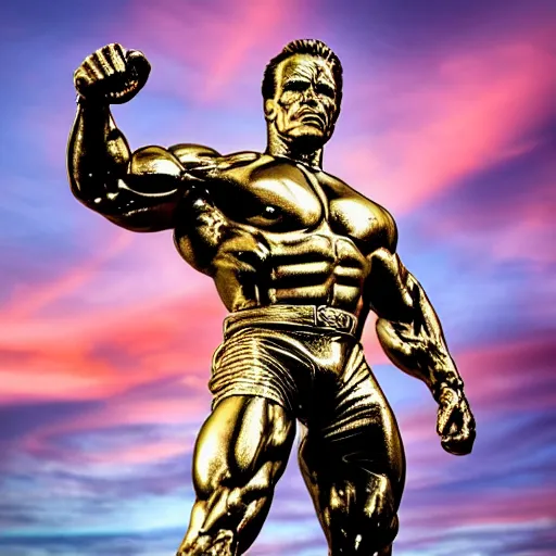 Image similar to Golden Arnold Schwarzenegger's Terminator Statue, mountain, Photography, Golden Hour, Wide Angle, Lens Flare, 3D, 4k, Adobe RGB, Angelic, Sunlight, Liquid Metal, insanely detailed and intricate, hypermaximalist, elegant, ornate, hyper realistic, super detailed,
